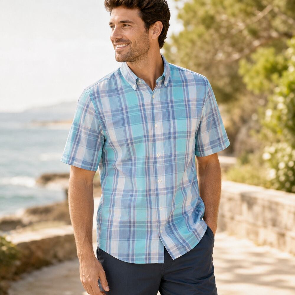 Mens Plaid Poplin Button Up Shirt Small Blue Aqua Cotton Classic NWT Modern Prep